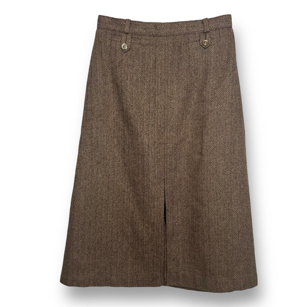 Vintage 70s Brown Double Split Herringbone Career Classic Midi Skirt Size Small